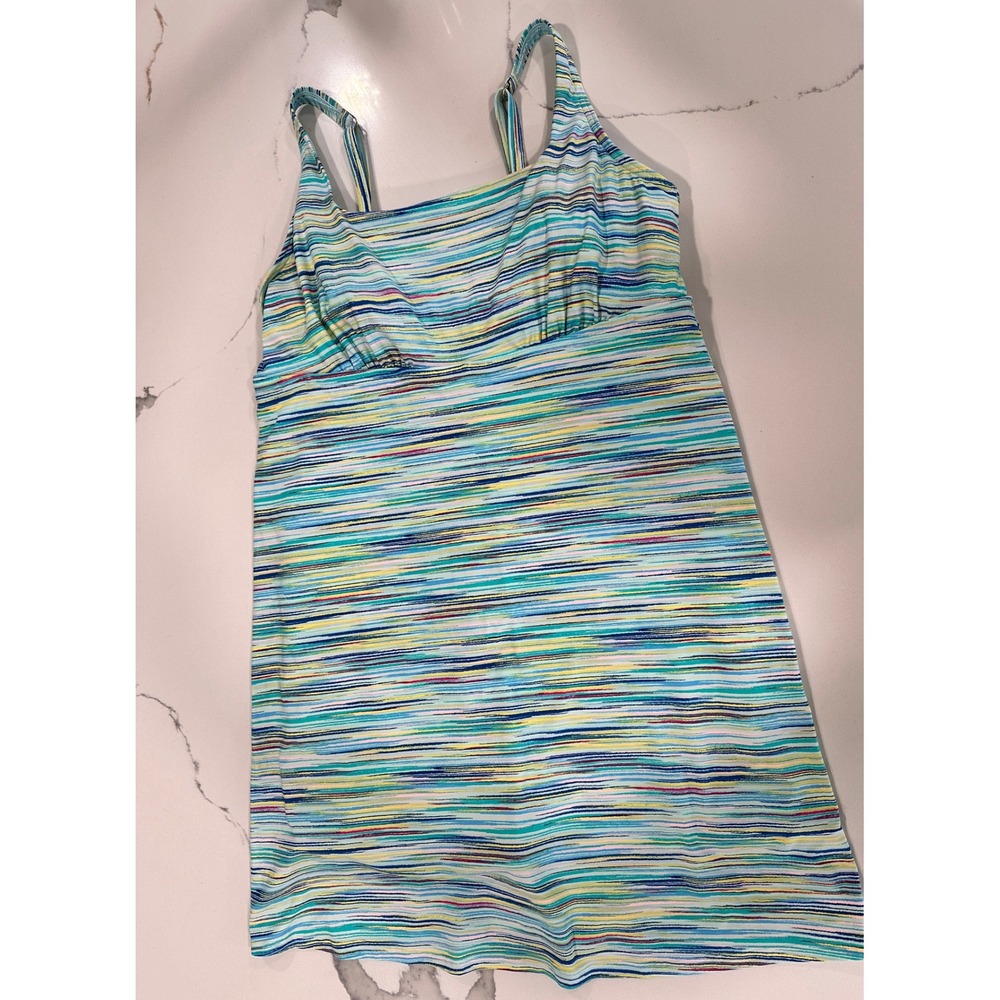 Lands End Women‎ Blue Green Striped Swim Dress Built-in Bra Size 16